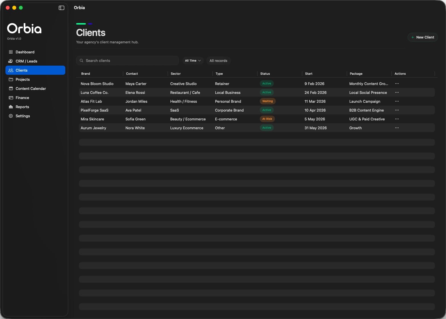 Orbia clients screen